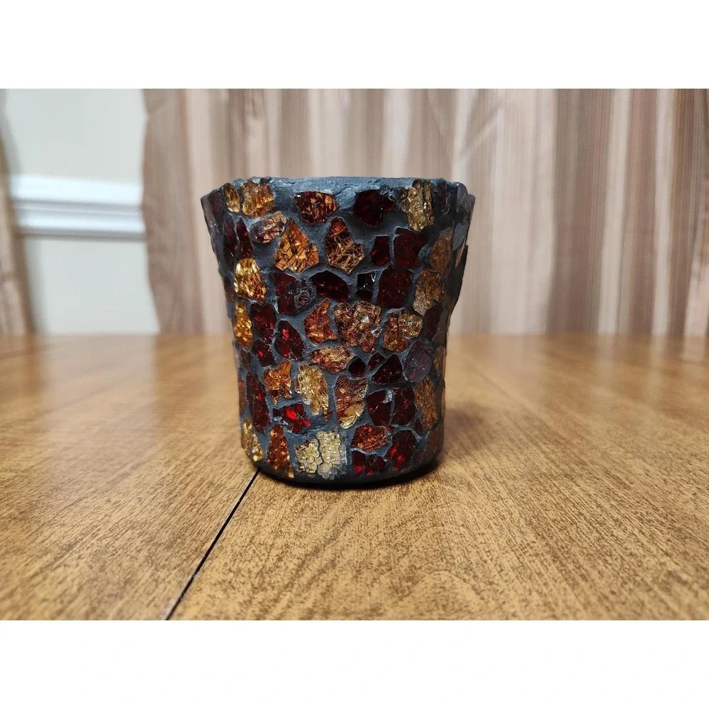 Handmade Pumpkin Spice Scented Candle In Vintage Mosaic Glass Vessel